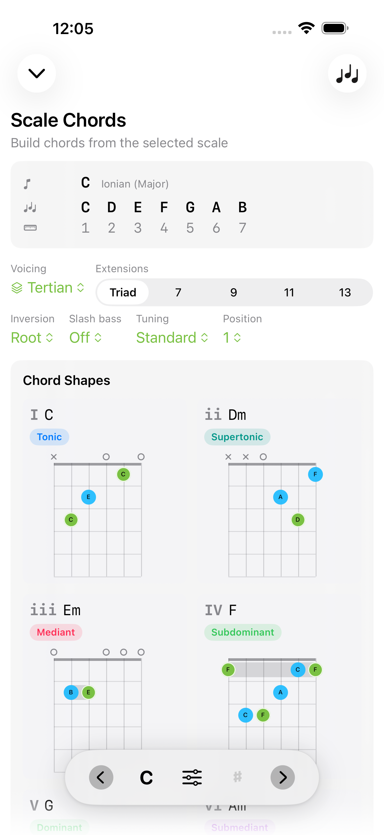 Scale Chords screen on iPhone